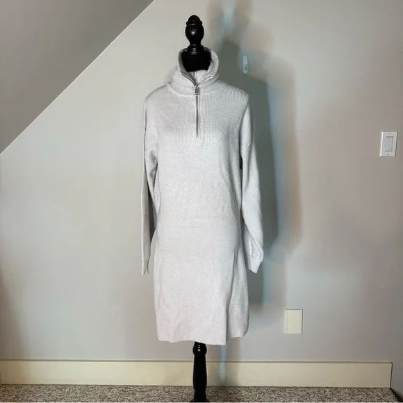 BB DAKOTA Light Grey Soft Knit Sweater Dress Plush High Neck Long Sleeve Large - Picture 6 of 15
